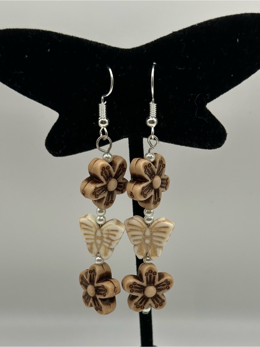 Handcrafted Cream & Brown Floral Butterfly Dangle Earrings